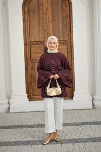 Önü Brit Düğme Detay Nervurlu Bel Bağlamalı Gömlek Bordo