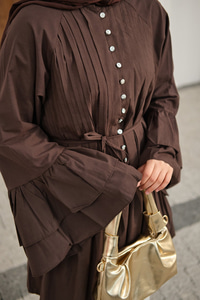 Önü Brit Düğme Detay Nervurlu Bel Bağlamalı Gömlek Kahverengi