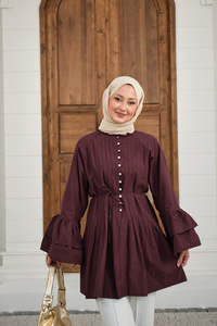 Önü Brit Düğme Detay Nervurlu Bel Bağlamalı Gömlek Bordo