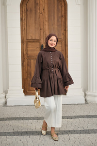 Önü Brit Düğme Detay Nervurlu Bel Bağlamalı Gömlek Kahverengi