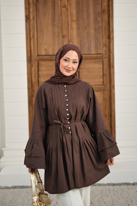 Önü Brit Düğme Detay Nervurlu Bel Bağlamalı Gömlek Kahverengi