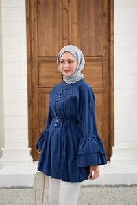 Önü Brit Düğme Detay Nervurlu Bel Bağlamalı Gömlek Lacivert