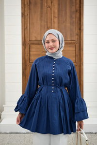 Önü Brit Düğme Detay Nervurlu Bel Bağlamalı Gömlek Lacivert