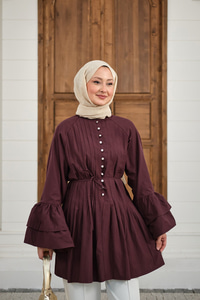 Önü Brit Düğme Detay Nervurlu Bel Bağlamalı Gömlek Bordo