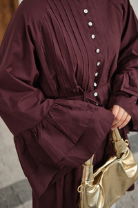 Önü Brit Düğme Detay Nervurlu Bel Bağlamalı Gömlek Bordo