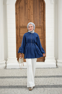 Önü Brit Düğme Detay Nervurlu Bel Bağlamalı Gömlek Lacivert