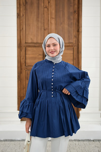 Önü Brit Düğme Detay Nervurlu Bel Bağlamalı Gömlek Lacivert