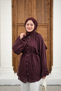 Önü Britli Simli Büzgülü Gömlek Mürdüm