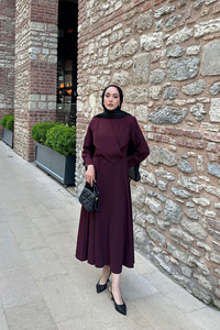 Önü Çapraz Detaylı Elbise Bordo