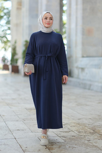Önü Cepli Bel Bağlamalı Elbise  Lacivert