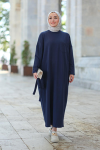 Önü Cepli Bel Bağlamalı Elbise  Lacivert