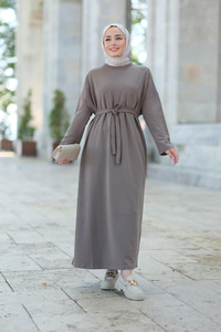 Önü Cepli Bel Bağlamalı Elbise  Vizon