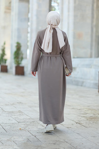 Önü Cepli Bel Bağlamalı Elbise  Vizon