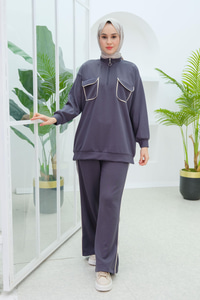 Önü Çift Cep Detaylı İkili Takım  Füme