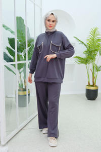 Önü Çift Cep Detaylı İkili Takım  Füme