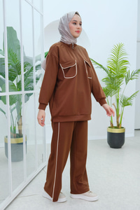 Önü Çift Cep Detaylı İkili Takım Kahverengi