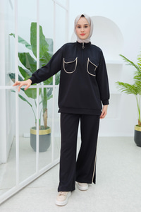 Önü Çift Cep Detaylı İkili Takım Siyah