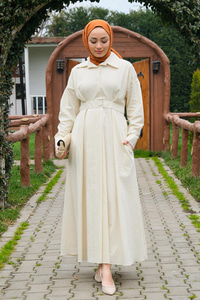 Önü Çıt Çıt Detay Elbise  Ekru