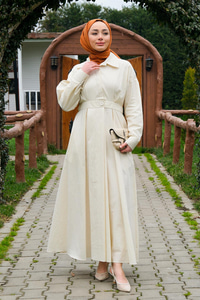 Önü Çıt Çıt Detay Elbise  Ekru