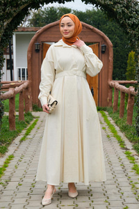 Önü Çıt Çıt Detay Elbise  Ekru