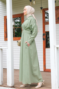 Önü Çıt Çıt Detay Elbise  Haki Yeşil