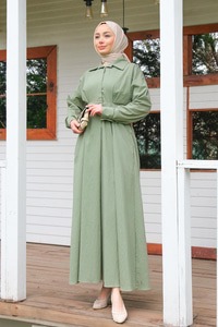 Önü Çıt Çıt Detay Elbise  Haki Yeşil