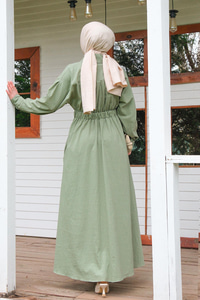 Önü Çıt Çıt Detay Elbise  Haki Yeşil