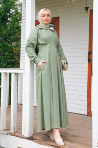 Önü Çıt Çıt Detay Elbise  Haki Yeşil