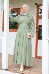 Önü Çıt Çıt Detay Elbise  Haki Yeşil