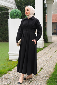 Önü Çıt Çıt Detay Elbise  Siyah