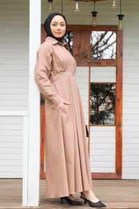 Önü Çıt Çıt Detay Elbise  Somon