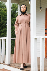 Önü Çıt Çıt Detay Elbise  Somon