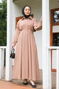 Önü Çıt Çıt Detay Elbise  Somon