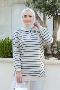 Önü Çıt Çıtlı Çizgili Sweat Yeşil