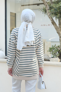 Önü Çıt Çıtlı Çizgili Sweat Yeşil