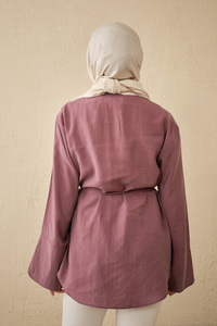 Önü Çoban Düğmeli Bel Bağlamalı Tunik Mürdüm