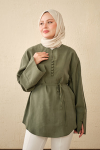 Önü Çoban Düğmeli Bel Bağlamalı Tunik Haki Yeşil