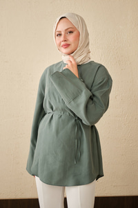 Önü Çoban Düğmeli Bel Bağlamalı Tunik Mint Yeşil