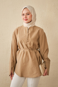 Önü Çoban Düğmeli Bel Bağlamalı Tunik Vizon