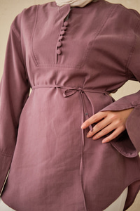 Önü Çoban Düğmeli Bel Bağlamalı Tunik Mürdüm