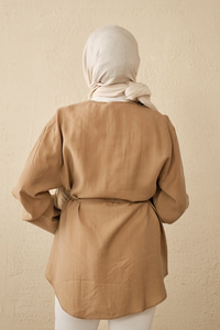 Önü Çoban Düğmeli Bel Bağlamalı Tunik Vizon