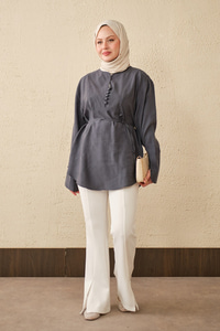 Önü Çoban Düğmeli Bel Bağlamalı Tunik Antrasit
