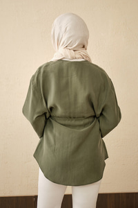 Önü Çoban Düğmeli Bel Bağlamalı Tunik Haki Yeşil