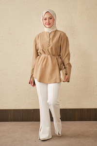 Önü Çoban Düğmeli Bel Bağlamalı Tunik Vizon