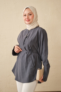 Önü Çoban Düğmeli Bel Bağlamalı Tunik Antrasit