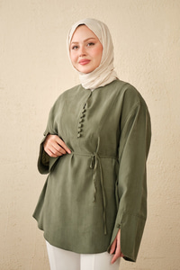 Önü Çoban Düğmeli Bel Bağlamalı Tunik Haki Yeşil