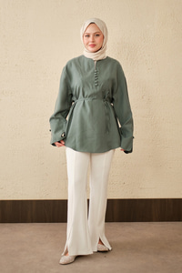 Önü Çoban Düğmeli Bel Bağlamalı Tunik Mint Yeşil