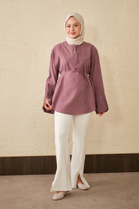 Önü Çoban Düğmeli Bel Bağlamalı Tunik Mürdüm