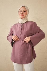 Önü Çoban Düğmeli Bel Bağlamalı Tunik Mürdüm