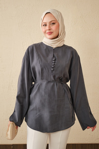 Önü Çoban Düğmeli Bel Bağlamalı Tunik Antrasit